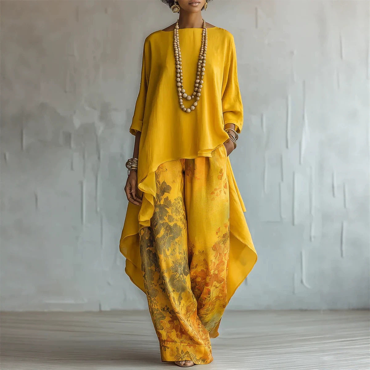 Women's Artistic Linen-Blend Asymmetrical Top & Floral Print Wide Leg Pants Two-Piece Set