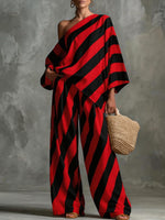 Striped Asymmetric Top & Wide-Leg Pants Set