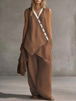 Bohemian V-Neck Irregular Button Vest Wide-Leg Pants Casual Suit
