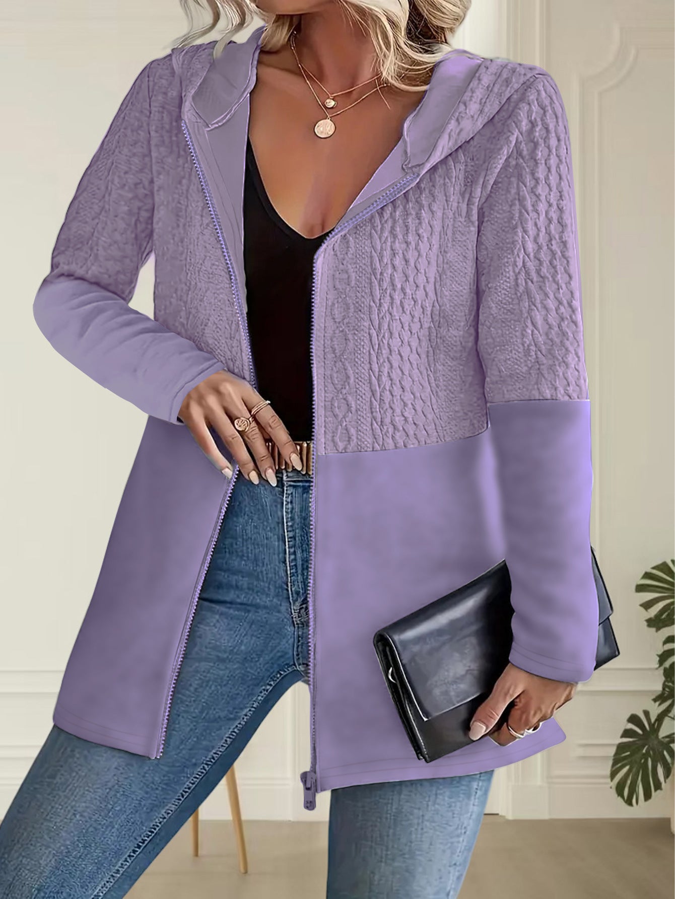 Women'S Autumn And Winter Solid Color Corrugated Stitching Casual Loose Women'S Hooded Jacket