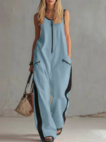 Women's Contrast Color Sleeveless Jumpsuit - Sporty Wide Leg with Zipper Detail (S-2XL)