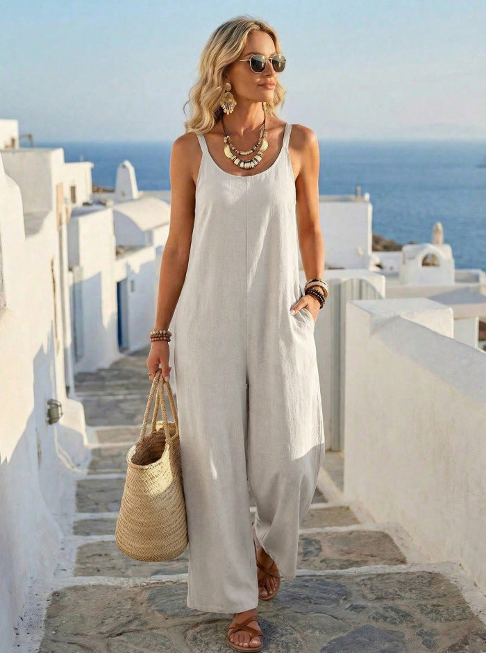 ?? Premium Linen-Blend Sleeveless Wide-Leg Jumpsuit