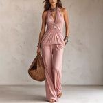 Halter Twist Ruched Top Wide Leg Pants Two Piece Set