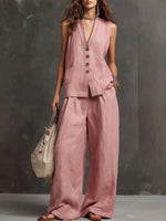 Linen Blend Sleeveless Vest & Wide-Leg Pants Set