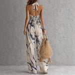 Women's Beige Abstract Print Halter Wide-Leg Jumpsuit