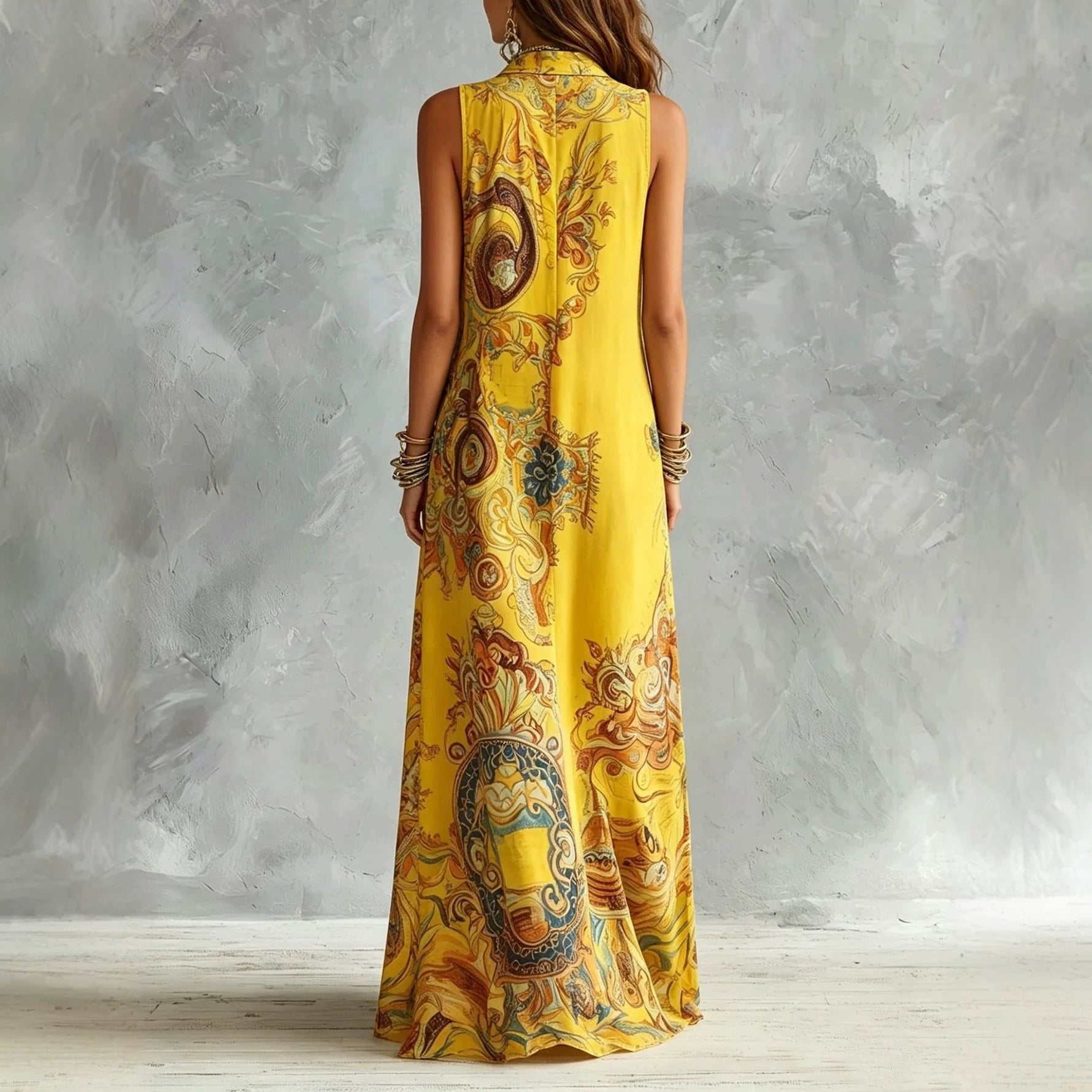 Vintage Baroque Print Sleeveless Maxi Shirt Dress
