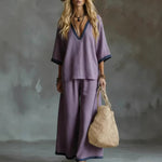 Effortless V-Neck Top & Wide-Leg Pants Two-Piece Set