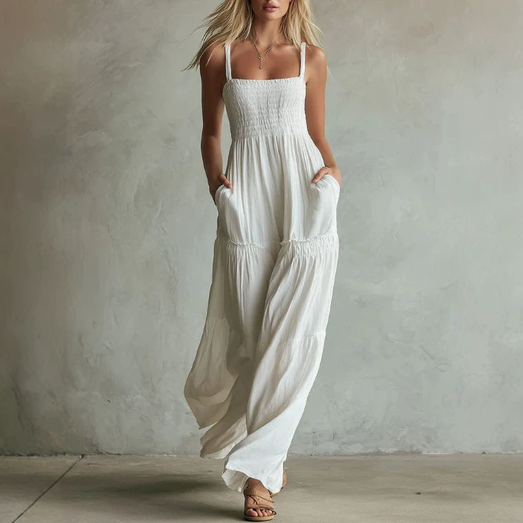 White Smocked Wide-Leg Jumpsuit