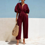 Women's Casual Linen Jumpsuit with Lantern Sleeves
