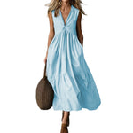 Cross-Border Elegant Casual Style Pocket V-Neck Pleated Sleeveless Vest Dress