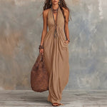 Halter V-Neck Linen-Blend Maxi Dress