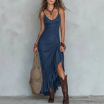 Boho Lace Trim Ruched Slit Maxi Cami Dress