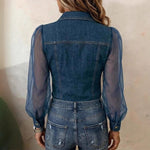 Women's Casual Denim Patchwork Chiffon See Through Button Pocket Long Sleeve Blouse