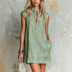 Linen Stand Collar Half Zip Sleeveless Pocket Mini Shift Dress
