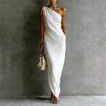 Solid Color Satin Slant Shoulder Drape Slim Long Dress