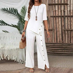 Women'S Irregular Hem Pants Suit Elegant Fashion Casual Button Half Sleeve Shirt Loose Two-Piece Set