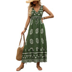 Cross-Border New Resort Style Printed Dress Green Ethnic Style Casual V-Neck High Waist Long Skirt For Women