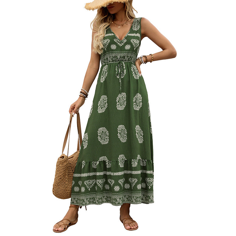 Cross-Border New Resort Style Printed Dress Green Ethnic Style Casual V-Neck High Waist Long Skirt For Women