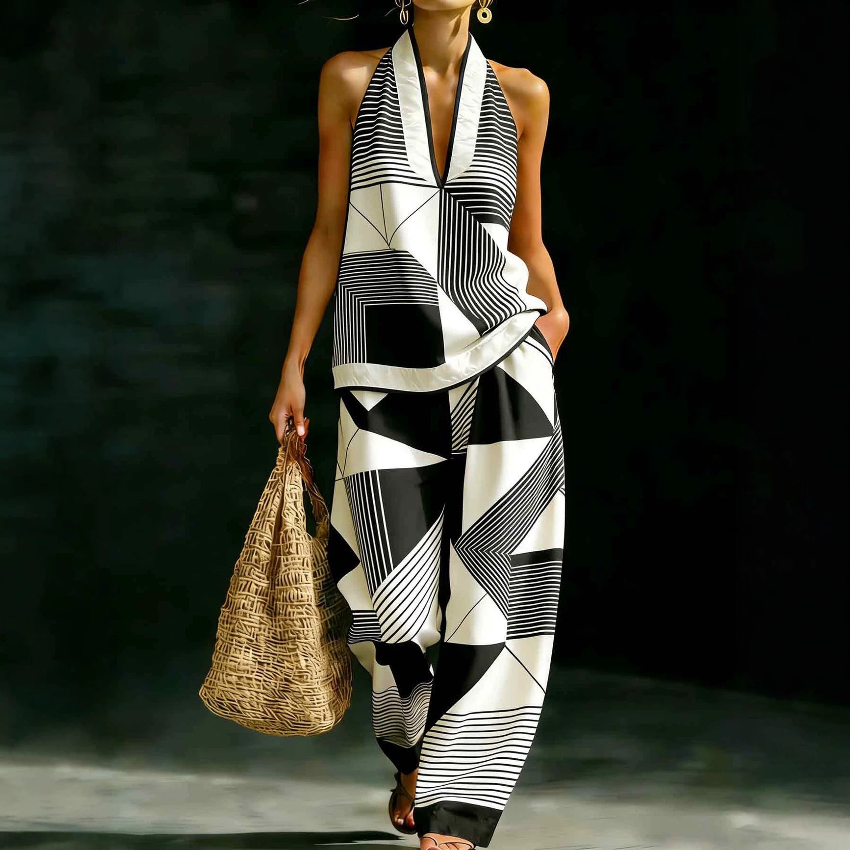 Geometric Print Halter V-Neck Sleeveless Top & Wide Leg Pants Two Piece Set