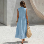 Stand Collar Pleated Zip Front Sleeveless Linen Midi Dress