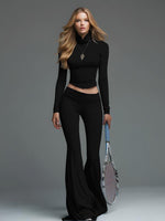 Rib Turtleneck Crop Long Sleeve Top & High Waist Flare Leg Pant 2 Piece Sporty Co-Ord Set