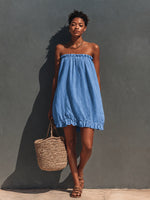Linen Strapless Ruffle Trim Loose Tent Mini Dress