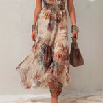 Sleeveless Vintage Watercolor Print Ruffled Flowy Vacation Dress