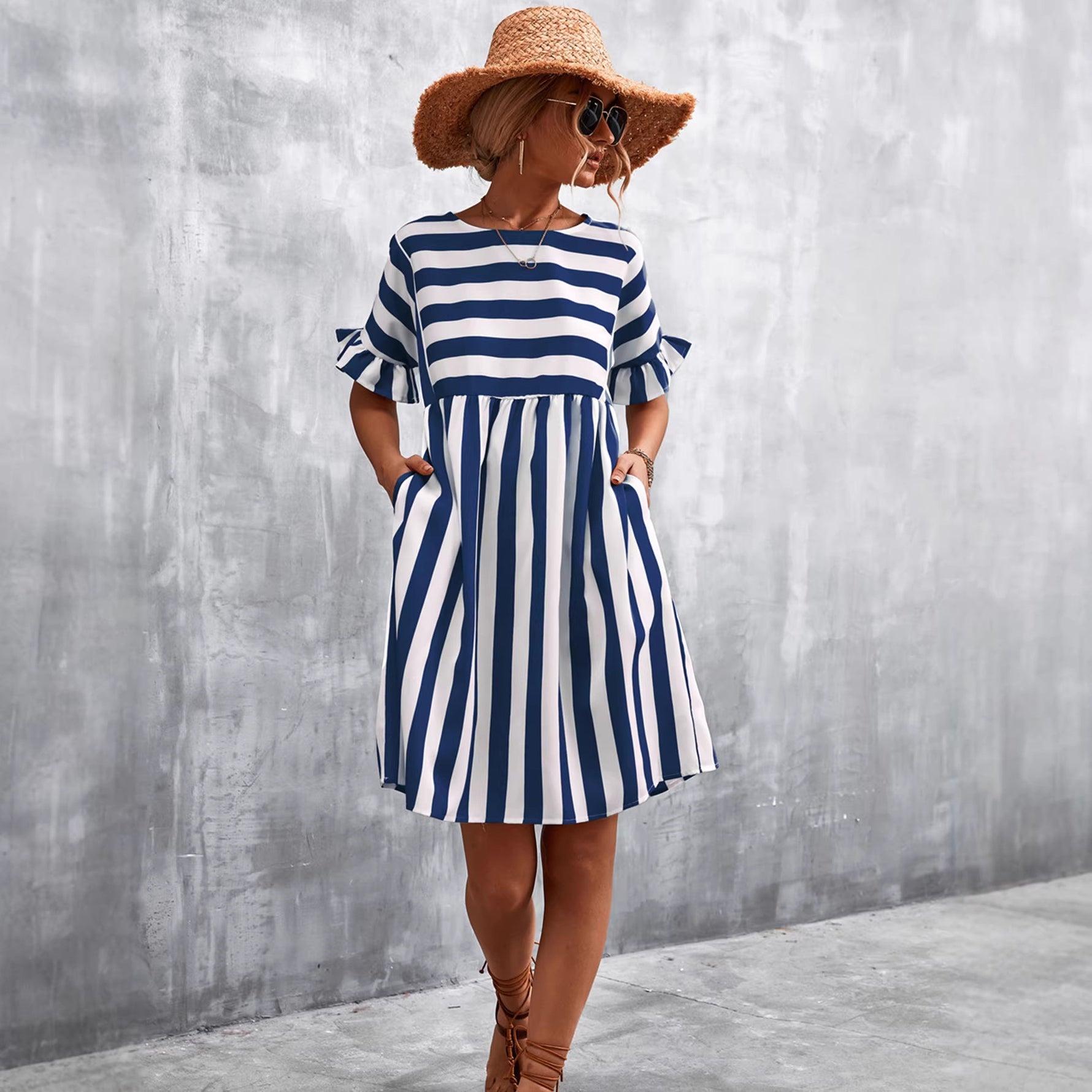 2026 Spring And Summer Cross-Border Women'S Clothing Ebay Amazon Independent Station New Ruffled Short-Sleeved Striped Loose Dress