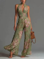 V-neck Sleeveless Zip-up Pleated Wide-leg Chiffon Jumpsuit