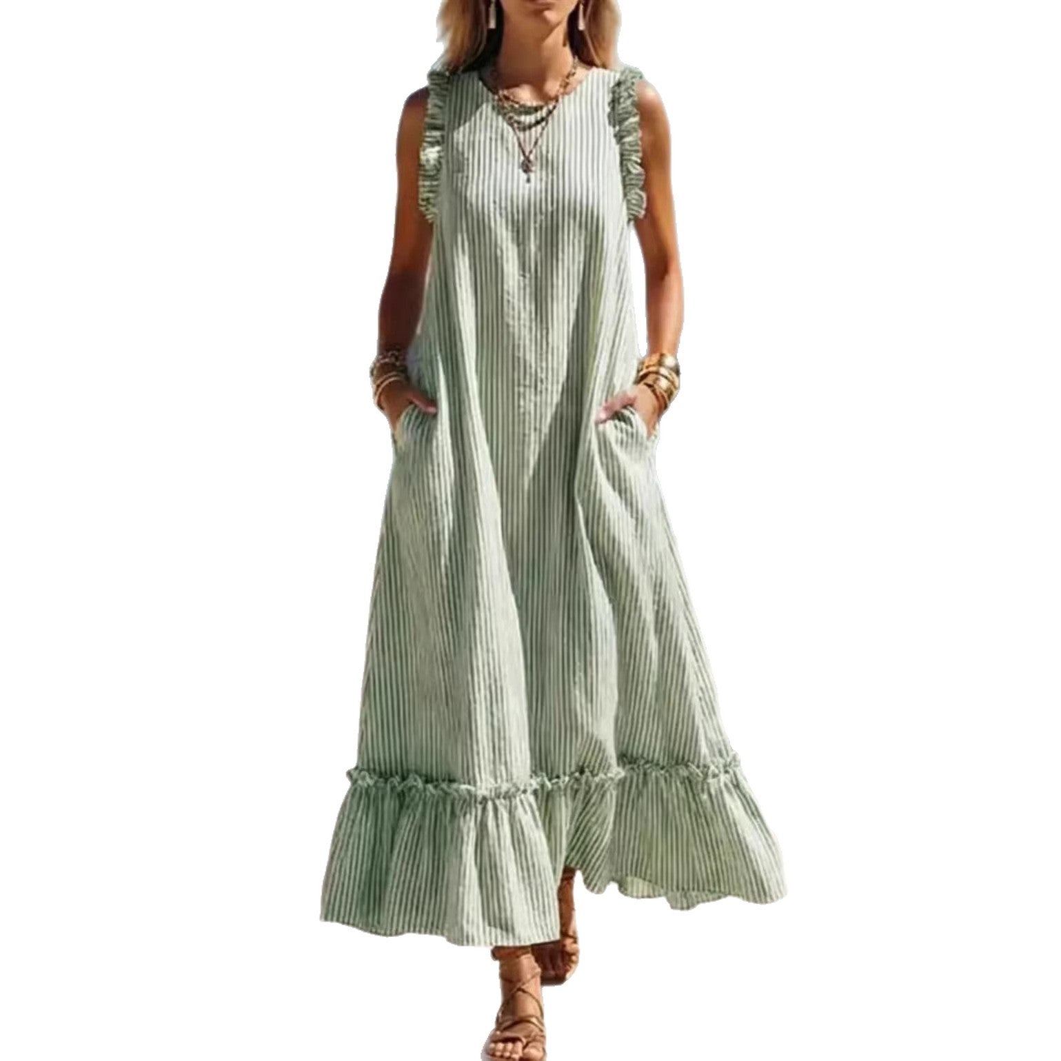 ?? Coastal Striped Ruffle Maxi Dress