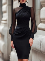 Elegant High-End Satin Mesh Splicing High-Neck Waist-Hugging Evening Dress