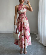 Summer Halter-Neck Waist-Cinching Sleeveless Ruffle Dress