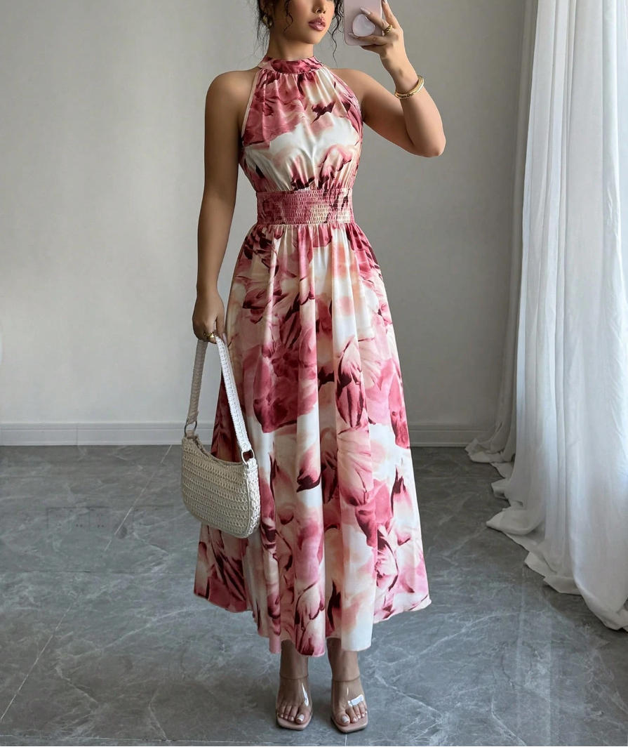Summer Halter-Neck Waist-Cinching Sleeveless Ruffle Dress