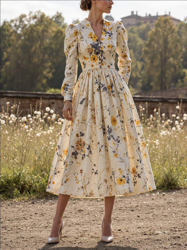Retro Casual V-Neck Printed Long Sleeve Women'S Dress Long Skirt Spring New Style