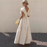 Women Solid V Neck Flutter Sleeve Loose Tiered Flowy Maxi Dress For Summer Vacation