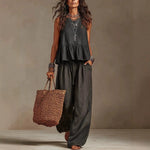 Cotton linen 2 Piece Set: Sleeveless Ruffle Tank Top & Drawstring Wide Leg Pants