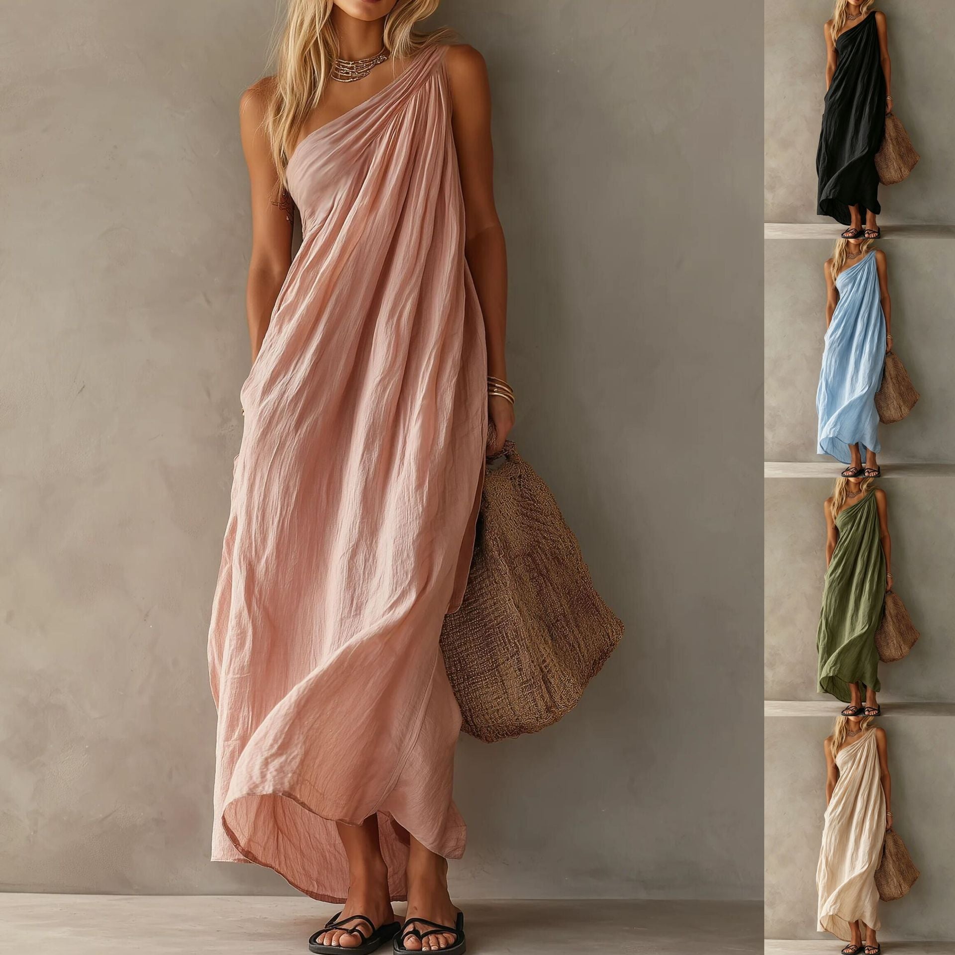 Dusty Pink One Shoulder Ruched Linen Maxi Dress