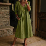 Elegant Linen-Blend V-Neck Midi Dress with Lace Inserts & Pockets | Casual Summer Dress for Women