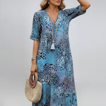 Fashion New Summer Skirt Casual Temperament Printed Short-Sleeved V-Neck Dress