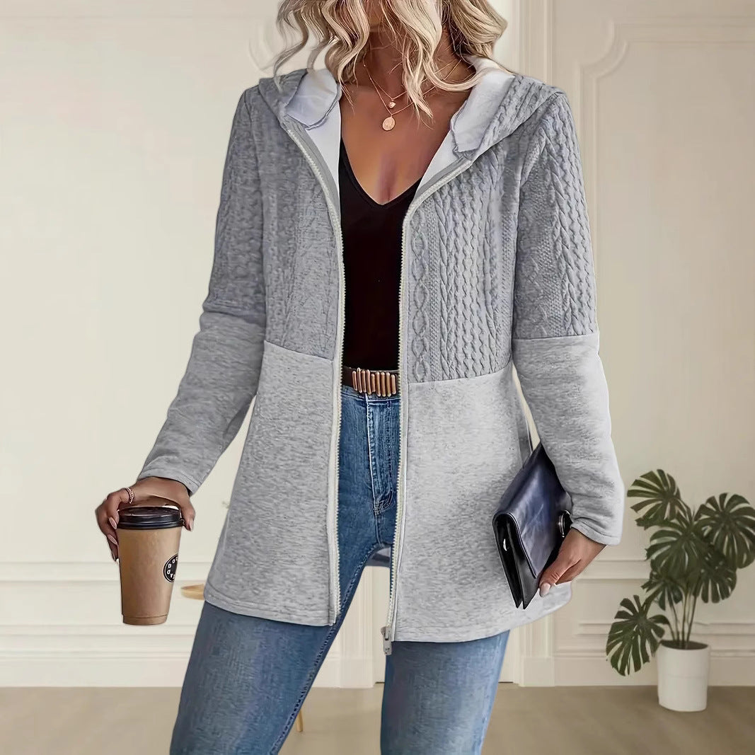 Women'S Autumn And Winter Solid Color Corrugated Stitching Casual Loose Women'S Hooded Jacket