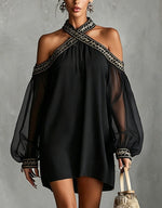 Embroidered Trim Sheer Long Sleeve Loose Tunic Dress