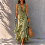 Sleeveless Draped V-Neck Asymmetrical Ruffle Maxi Dress