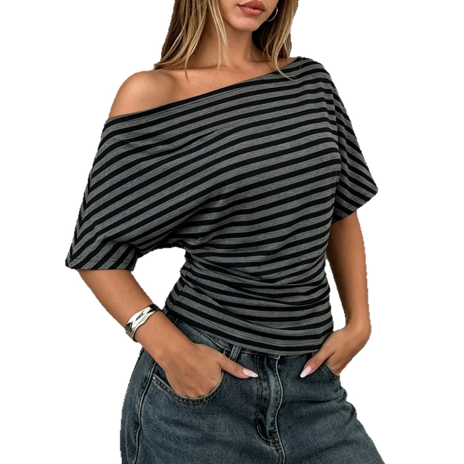 Casual Fashion Summer Women'S Knitted Tops One-Shoulder Bat Shirt T-Shirt