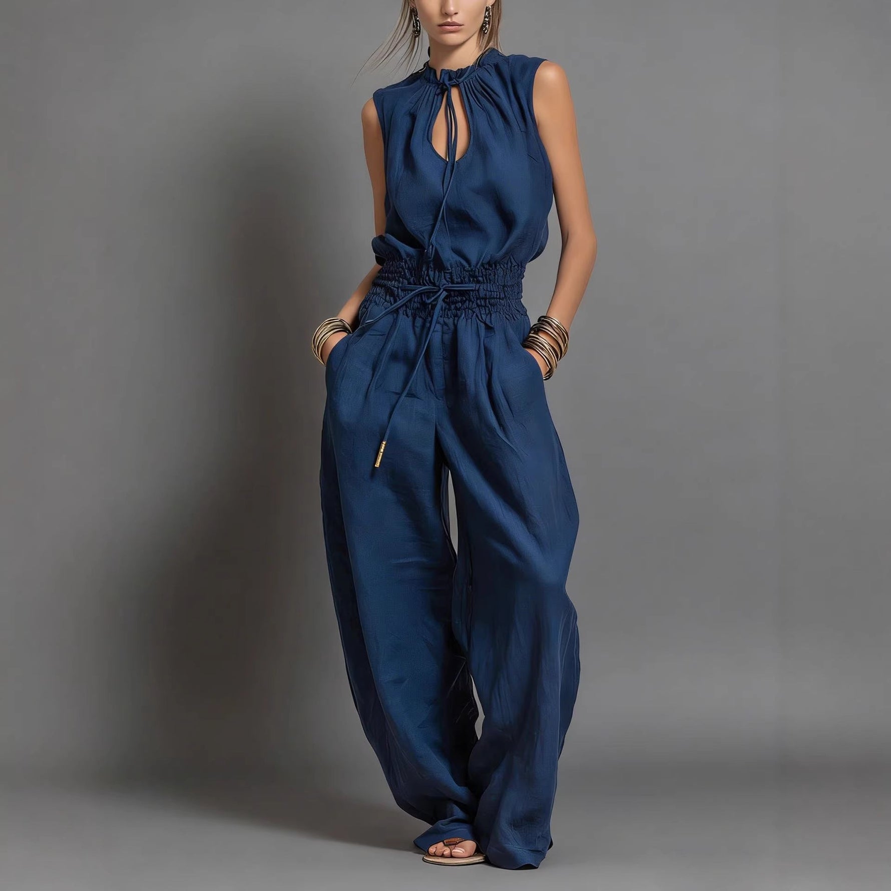 Beige Linen-Blend Smocked-Waist Jumpsuit