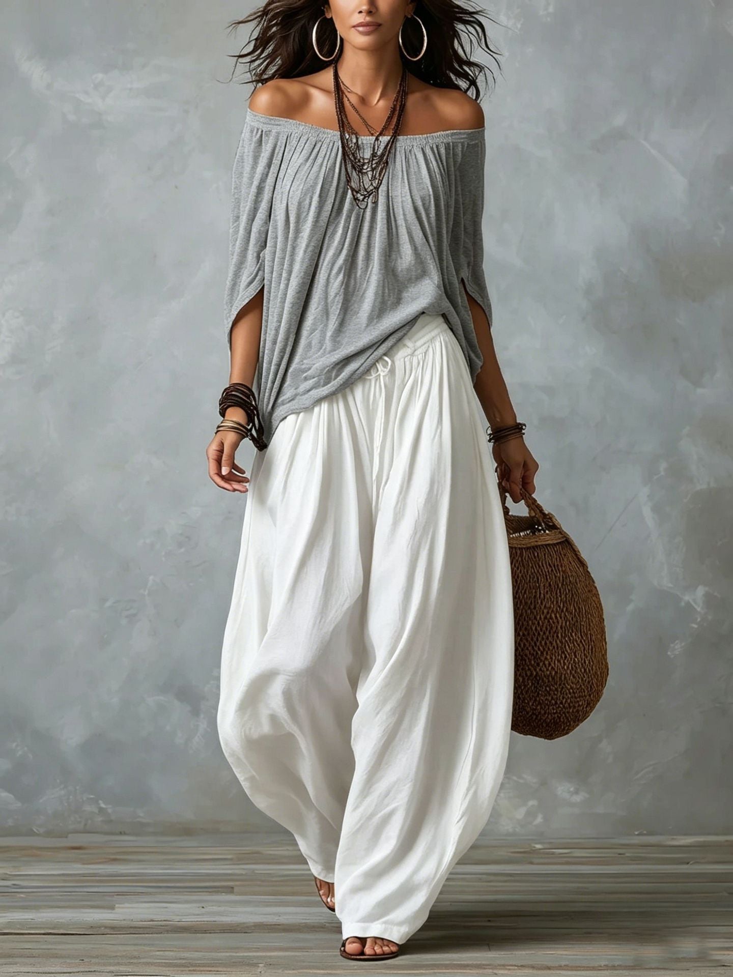 Summer New Women'S High-End Casual Wide-Leg Pants Paired With Exquisite One-Line Collar Off-Shoulder Tops