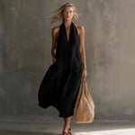 Relaxed Halter Neck Linen Midi Dress with Pockets