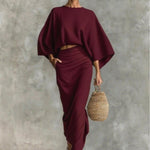 Natural Linen Batwing Crop Top Wrap Ruched Midi Skirt Two Piece Set