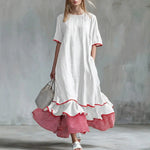 Linen Piping Stripe Ruffle Hem Loose Maxi Dress