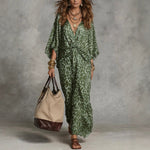 Women's Leopard Print Knot-Front Maxi Kaftan Dress - Flowy V-Neck Chiffon Cover-Up