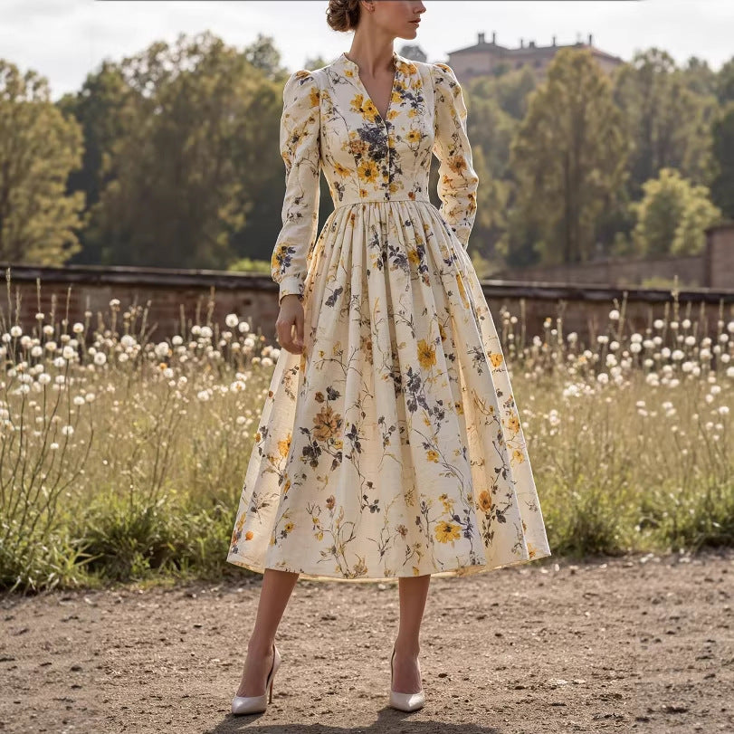 Retro Casual V-Neck Printed Long Sleeve Women'S Dress Long Skirt Spring New Style